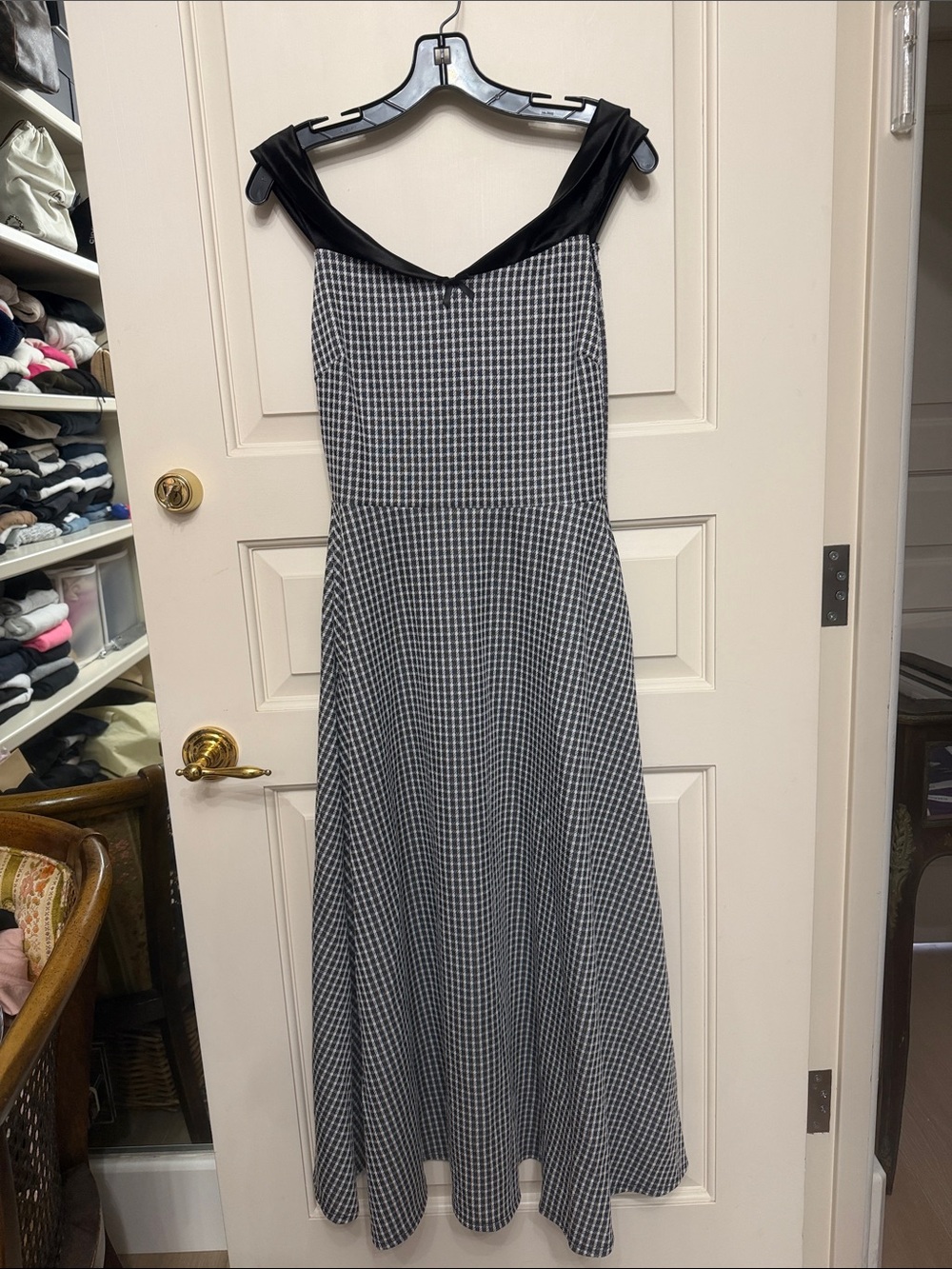 Fashion Nova Black and White Gingham Maxi Dress with Black Off-Shoulder Trim